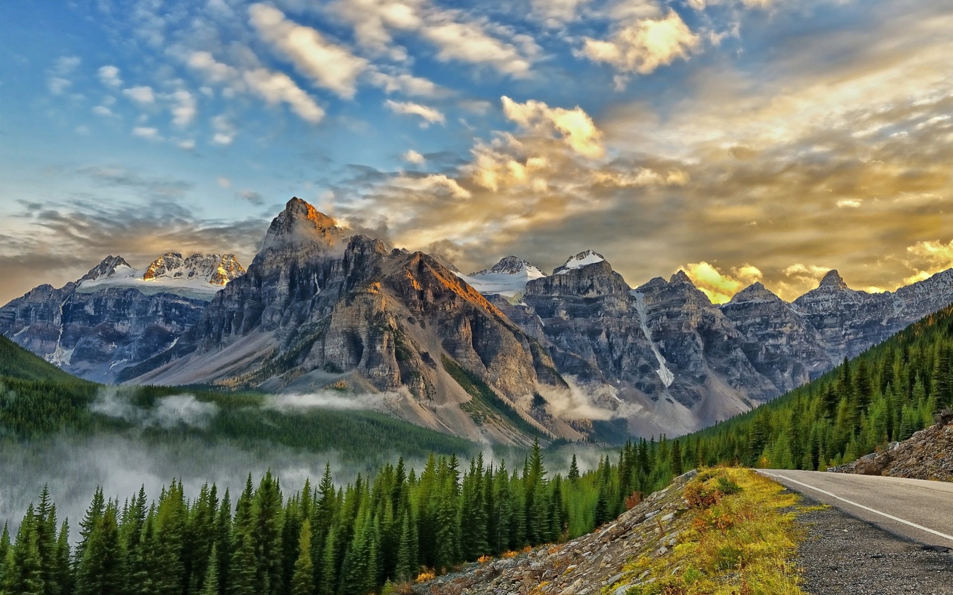 ridge snow mountain fog road