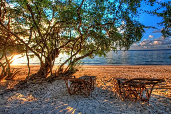 Chaise longue on the seashore. White sand