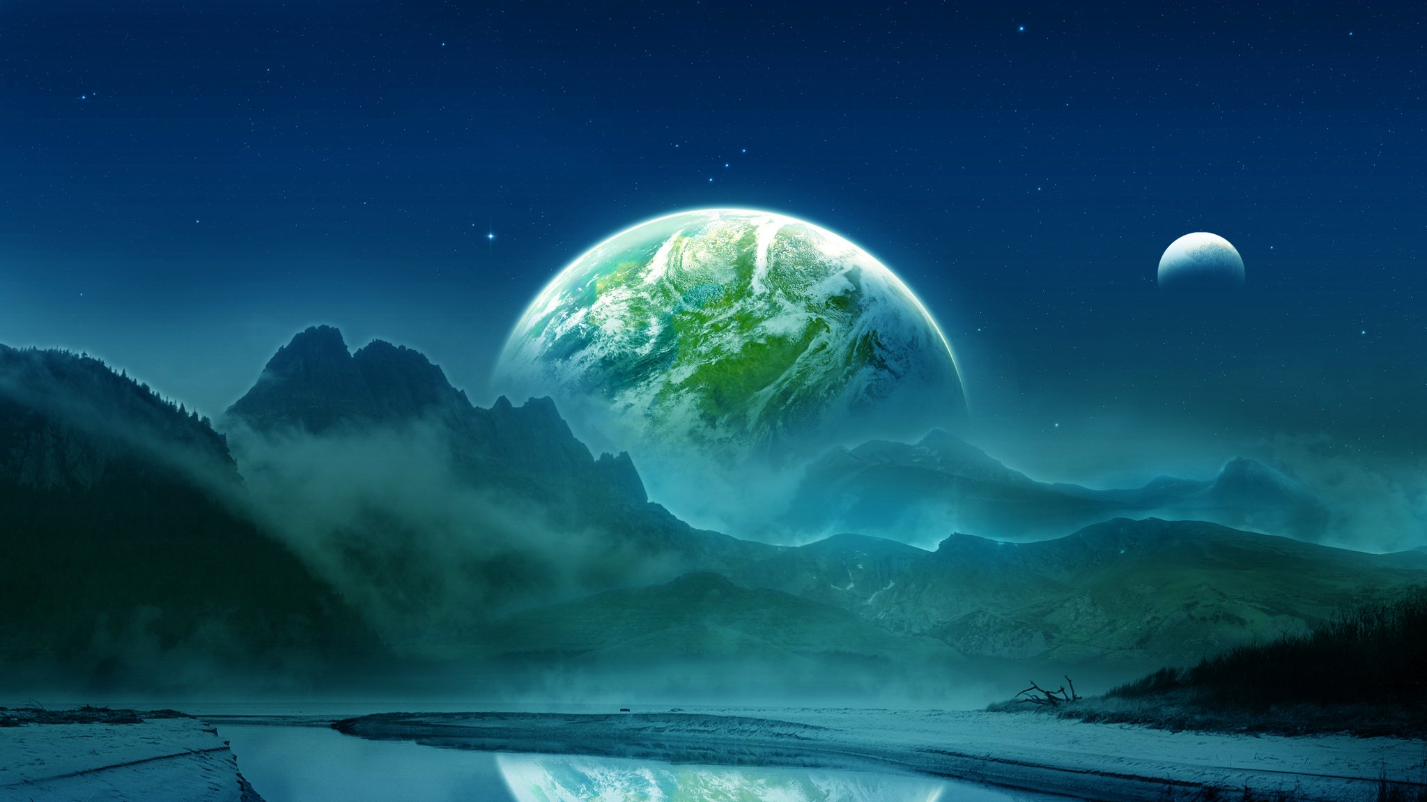 planet mountain landscape satellite fog reflection sky star