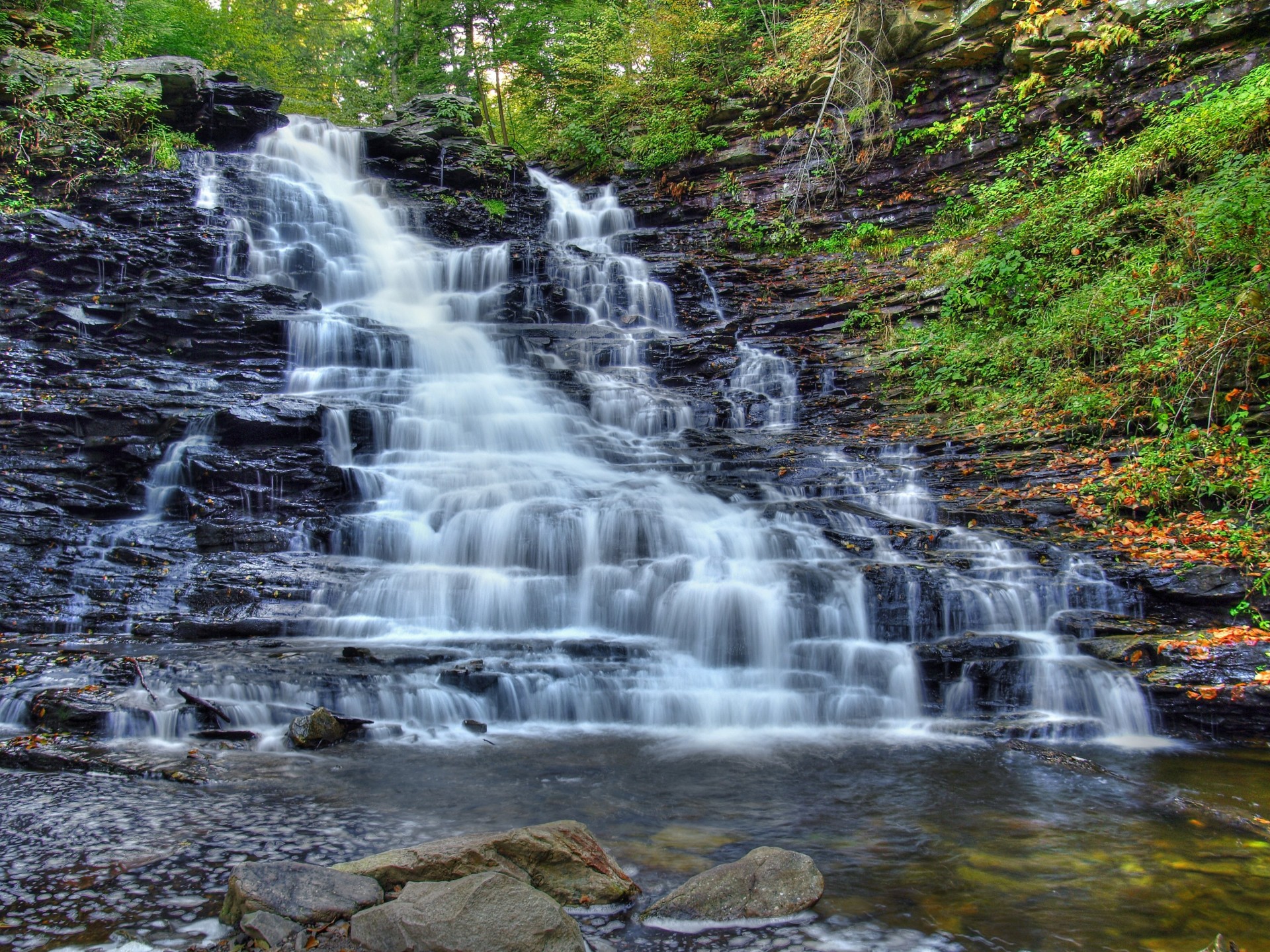 bäume fluss wasserfall kaskade natur