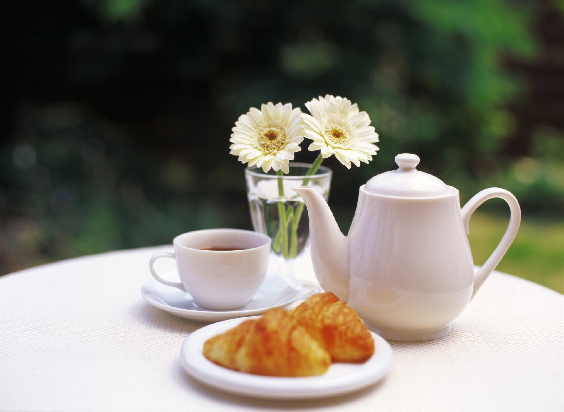 blumen tisch tasse brötchen tee vase teekanne