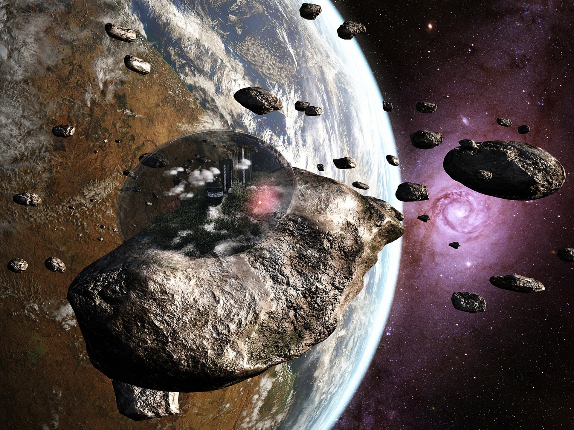 światopogląd scott richard przestrzeń galaktyka spiralna gwiazdy planeta pas asteroid miasto wieże kopuła powietrza zamknięta ekosfera chmury las przestrzeń pas asteroid asteroida budynki kopuła powietrza słońce