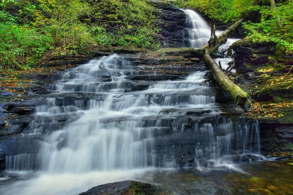 A cascade of water flows down from the waterfall