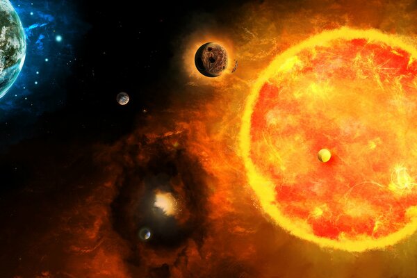 Un universo con planetas y un sol ardiente