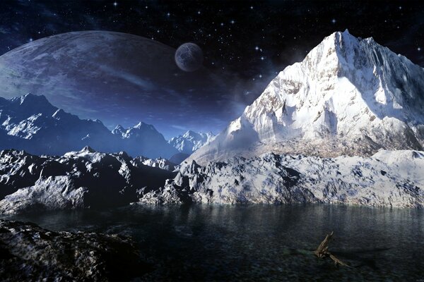 Snow-capped mountains against the starry sky