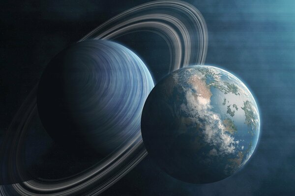 Saturn and Earth in space against the background of Jupiter