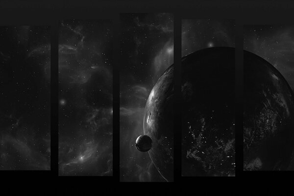 Planetas en blanco y negro en el espacio nebuloso