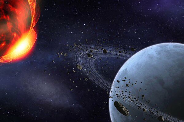 Stelle, asteroidi e anelli intorno al pianeta