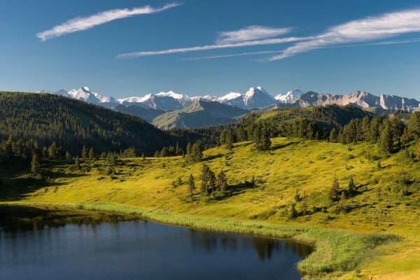 Swiss lake on the background of the Alpine mountains