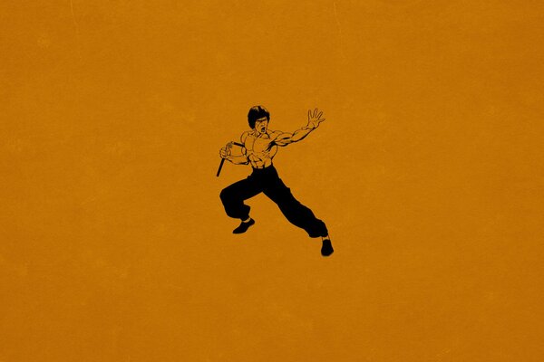 Bruce Lee con Nunchuck su sfondo arancione