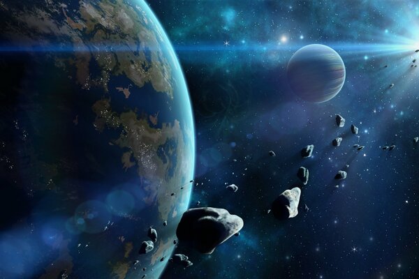 Pianeti e asteroidi che volano in una striscia di luce