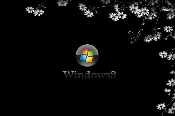 Windows 8 Logo auf schwarzem Hintergrund mit Blumen