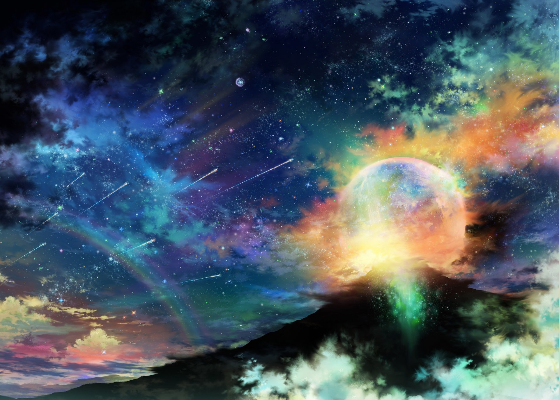 art planet night stars clouds rainbow sky mountain