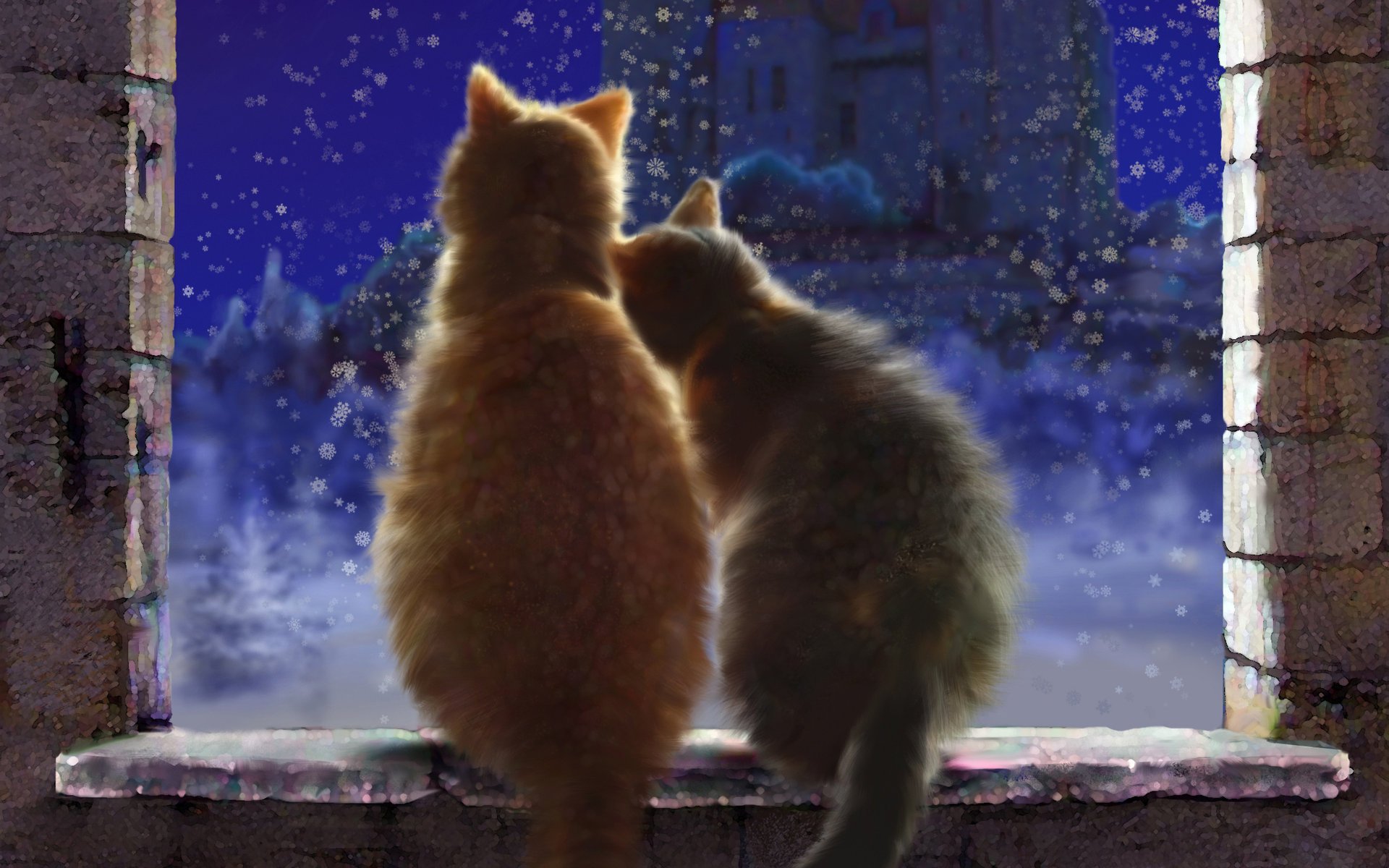 cats sill window art snow love pair winter