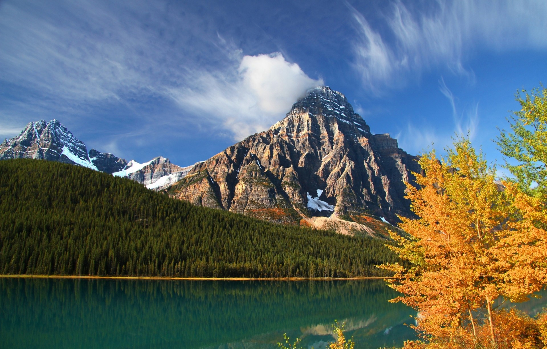 alberta lago foresta canada parco nazionale di banff banff autunno montagne alberi