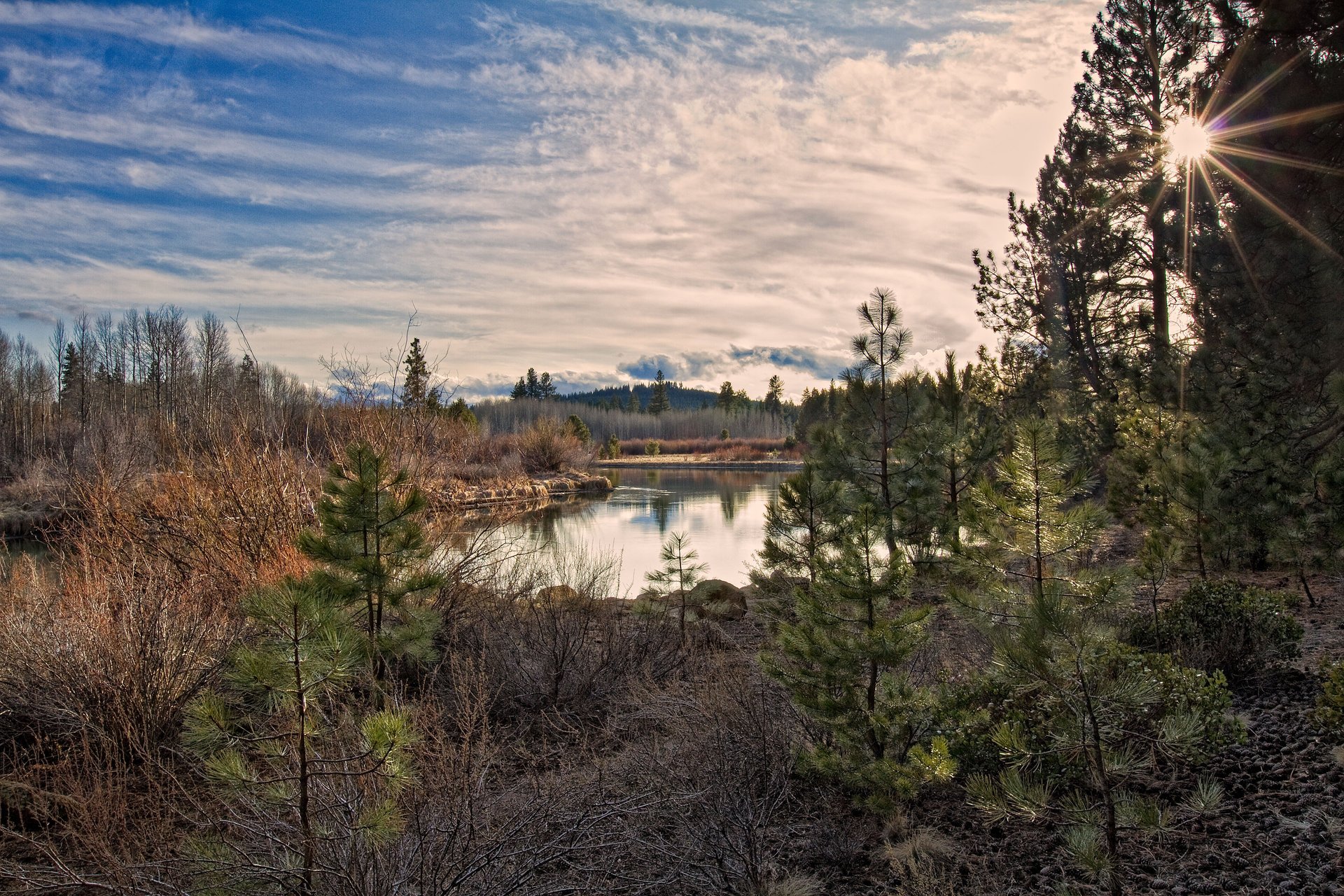 natur sonne berge fluss wald strahlen