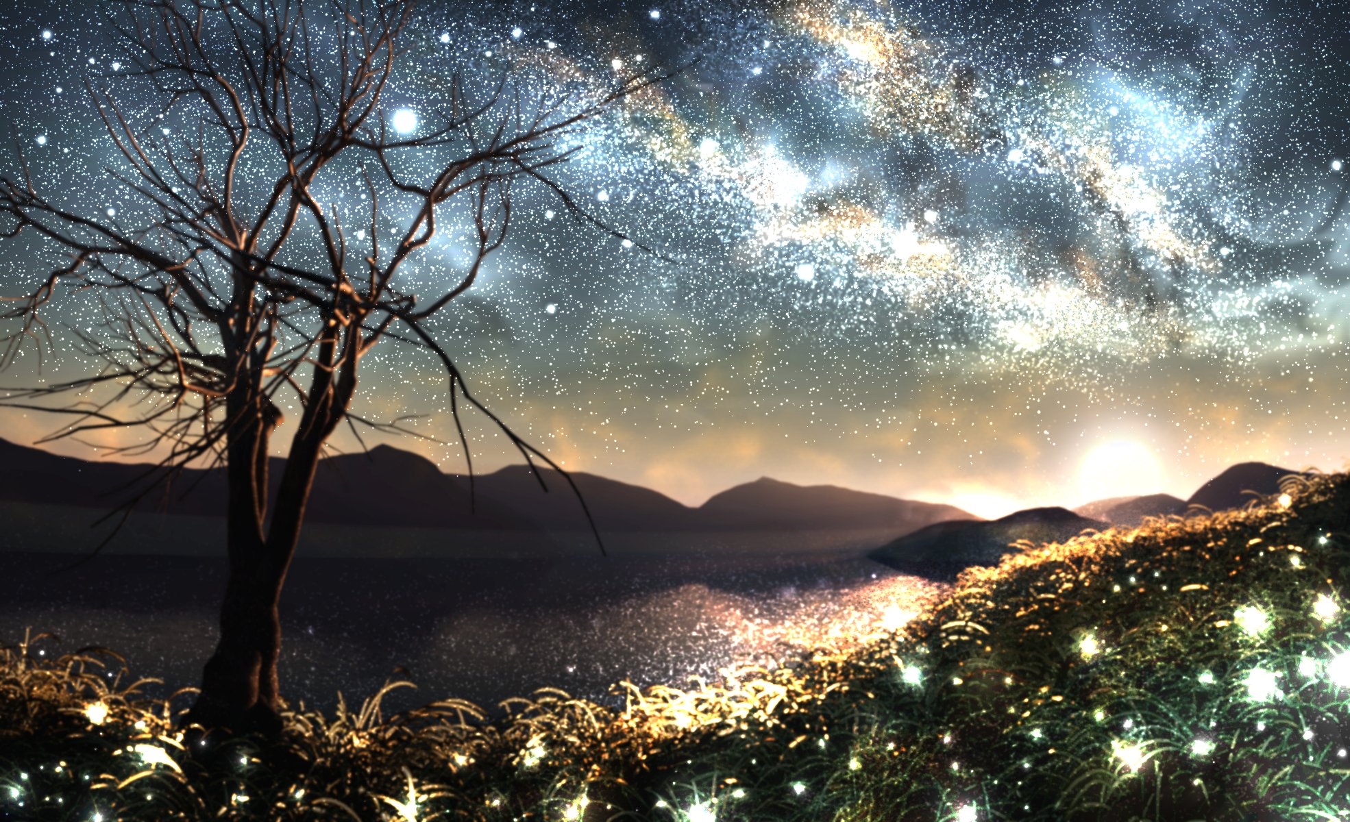 art y-k nature tree star milky way space horizon grass fireflie