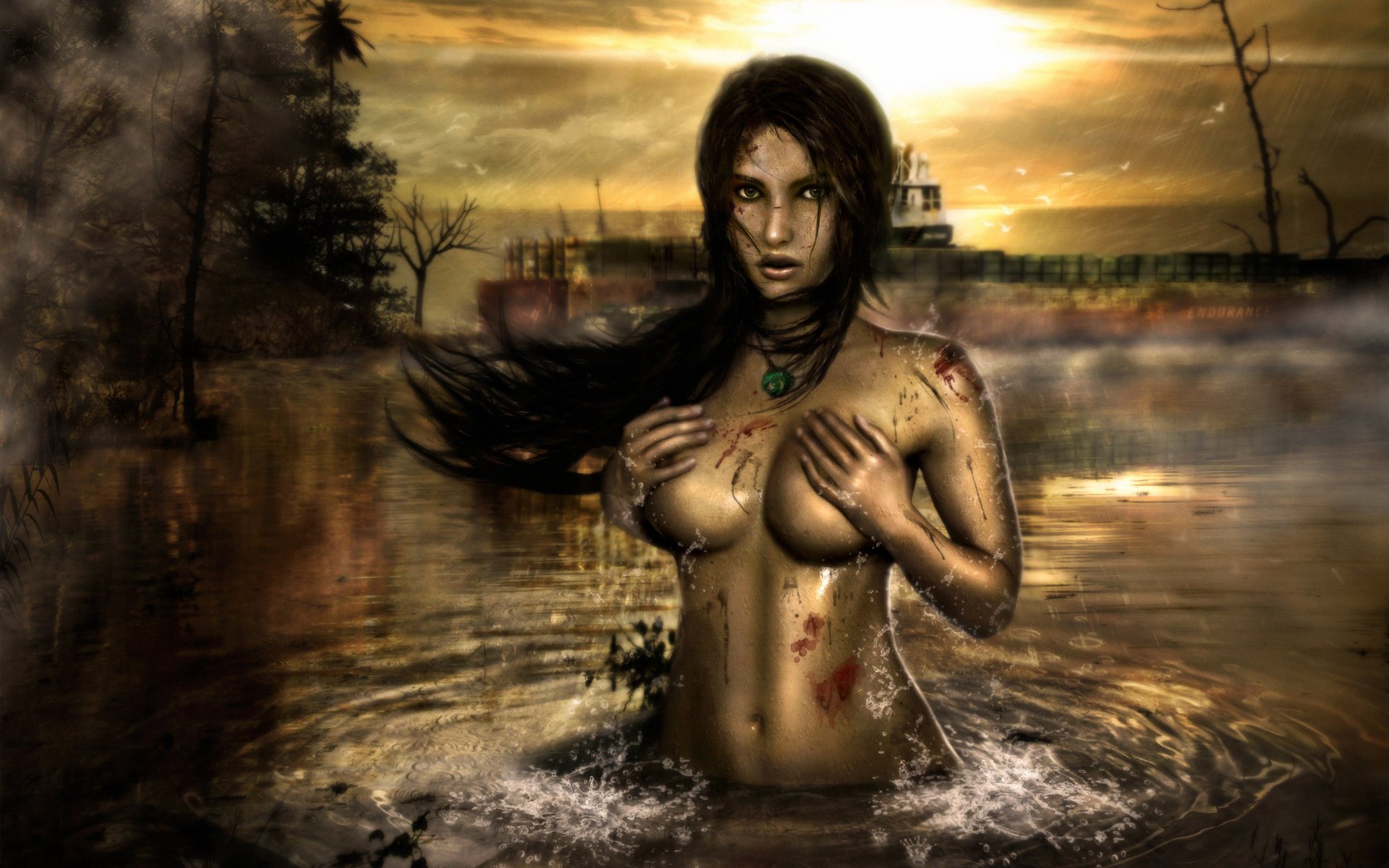 tomb raider nebbia fanart ragazza acqua sangue lara croft pioggia