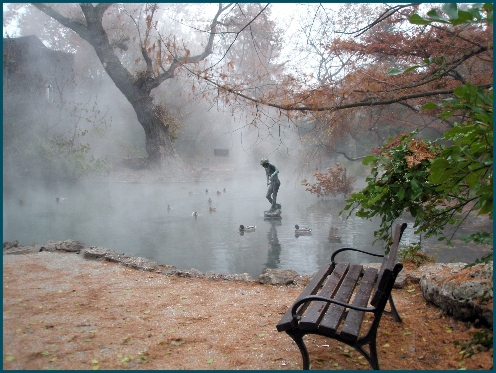 niebla parque mañana estatua banco