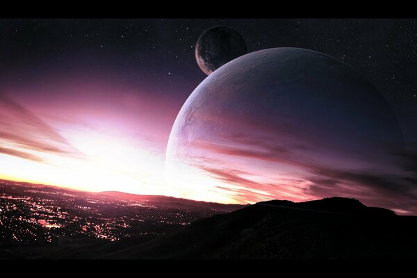 Sunset on a distant planet in the lights of a distant city