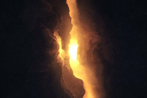 A cosmic crack in the dazzling golden, like the setting sun, space