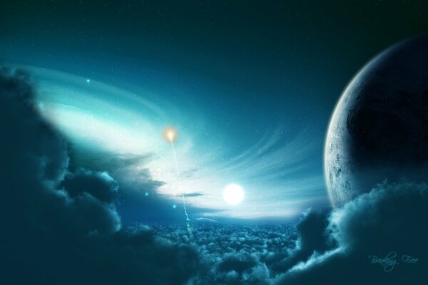 Fantastic drawing of a planet against a background of clouds