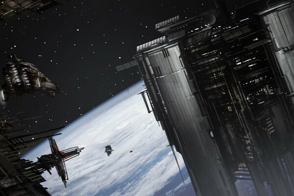 Futuristic orbital station in space