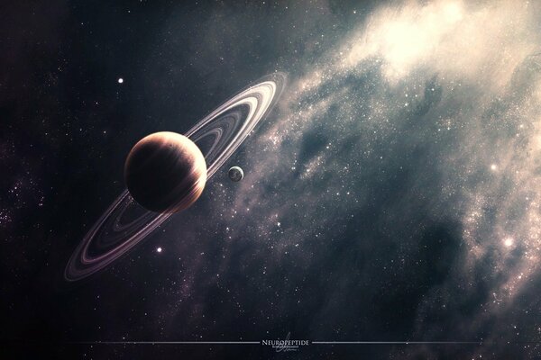 Saturn and its moon Titan in cold space