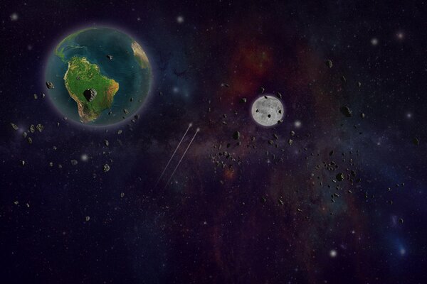 Planet Earth and Moon satellite in meteorite space