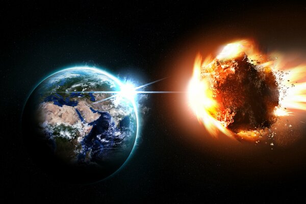 An asteroid engulfed in flames is flying towards the Earth