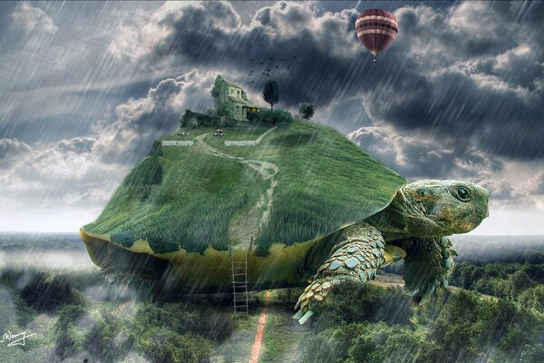 Giant turtle carries a house in the rain