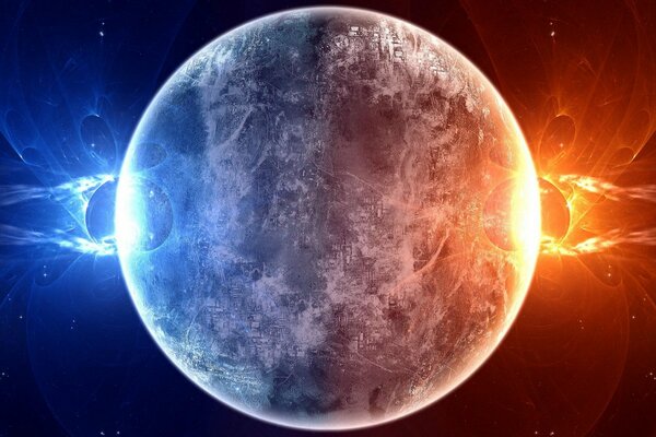 Der Planet ist an den Seiten mit blauem und orangefarbenem Licht beleuchtet