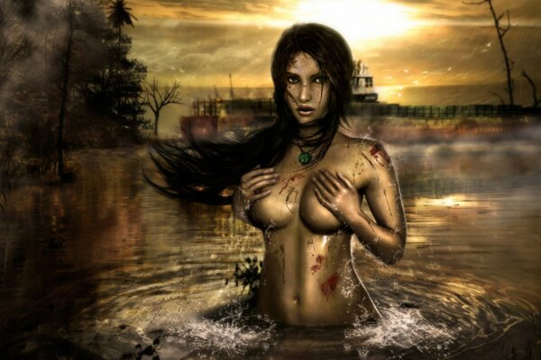 A naked girl in blood is standing in the water