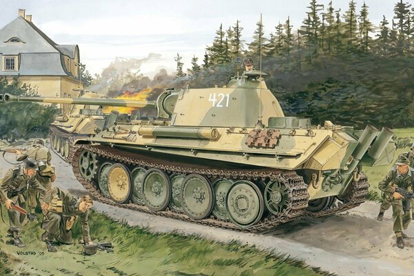 Drawing of a military tank with soldiers around