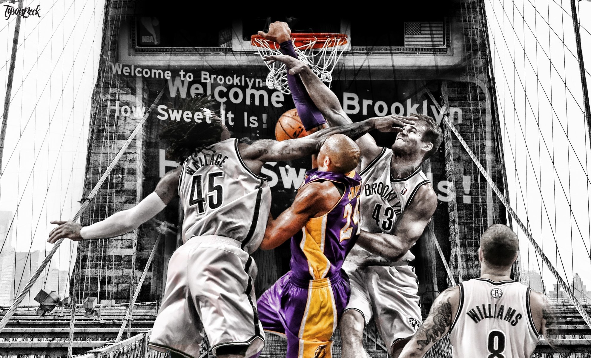 kobe bryant deron williams kris humphries gerald wallace nets lakers ring black and white bridge players nba