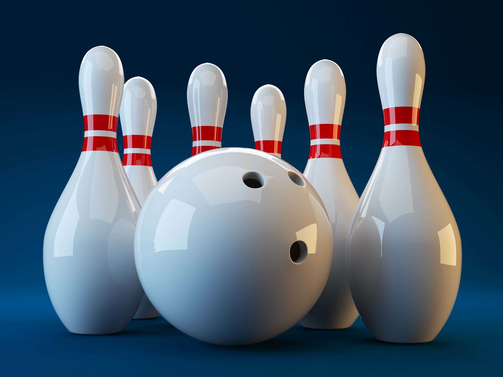 sport palla da bowling bianca e birilli su sfondo blu rendering rendering 3d