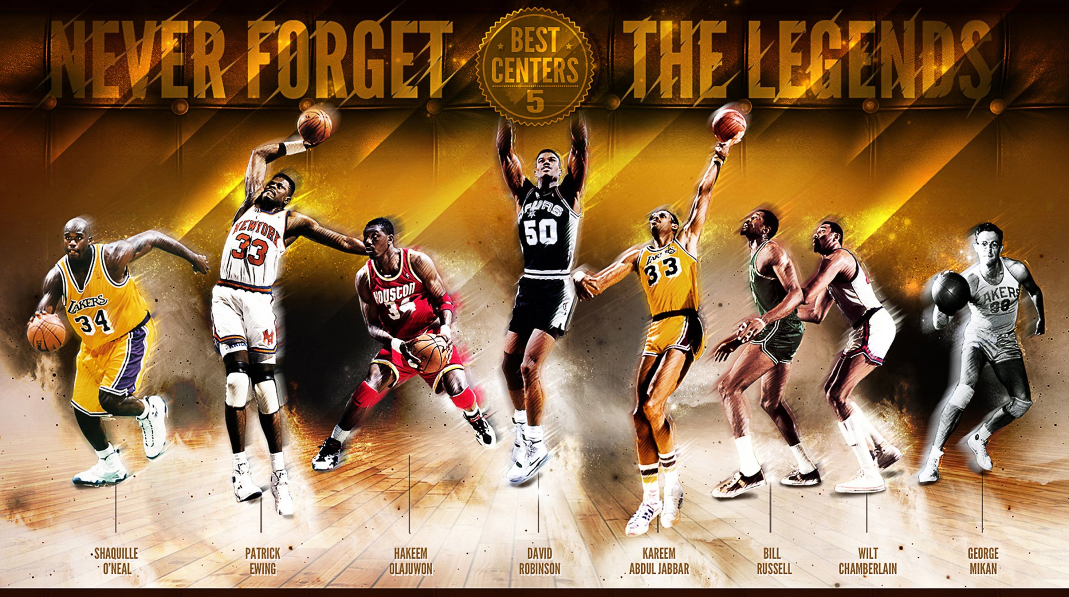 basketball sports nba legends shaquille o neal patrick ewing hakeem olajuwon kareem abdul jabbar bill russell wilt chamberlain george mikan