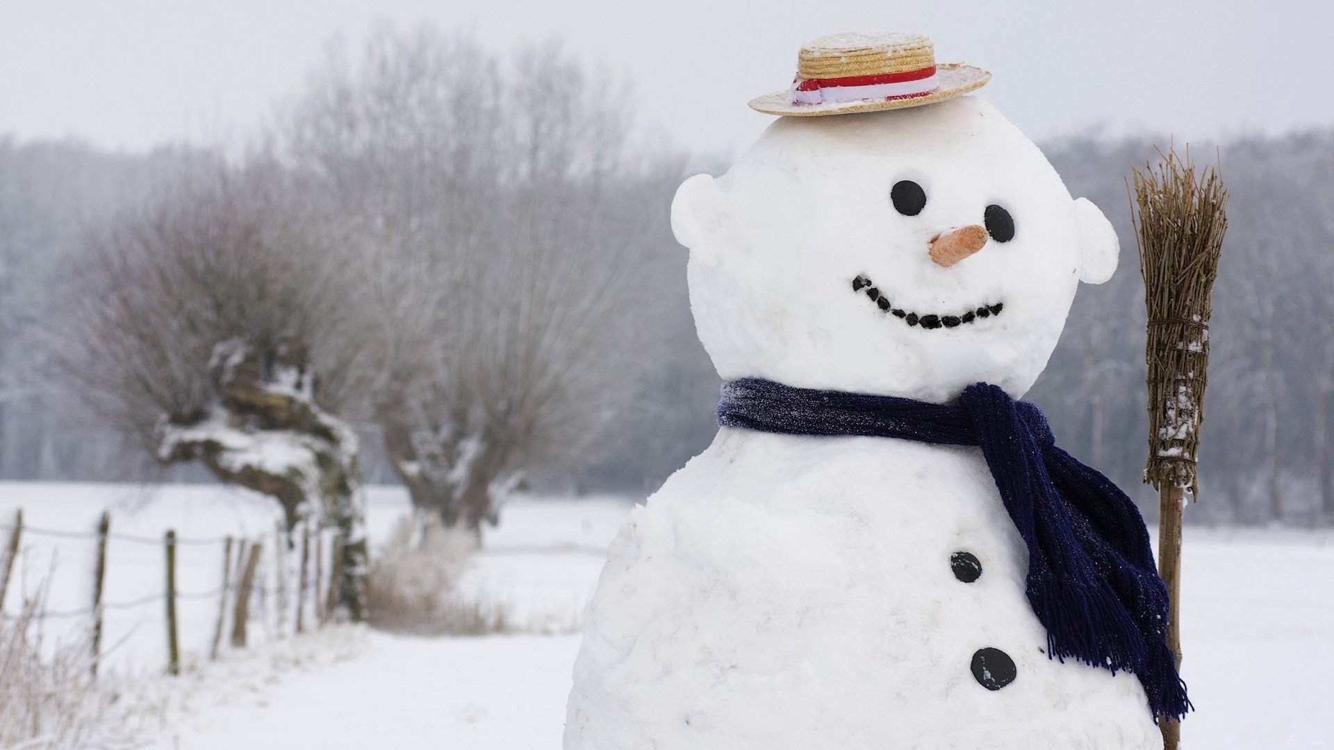 bonhomme de neige balai écharpe hiver sourire chapeau