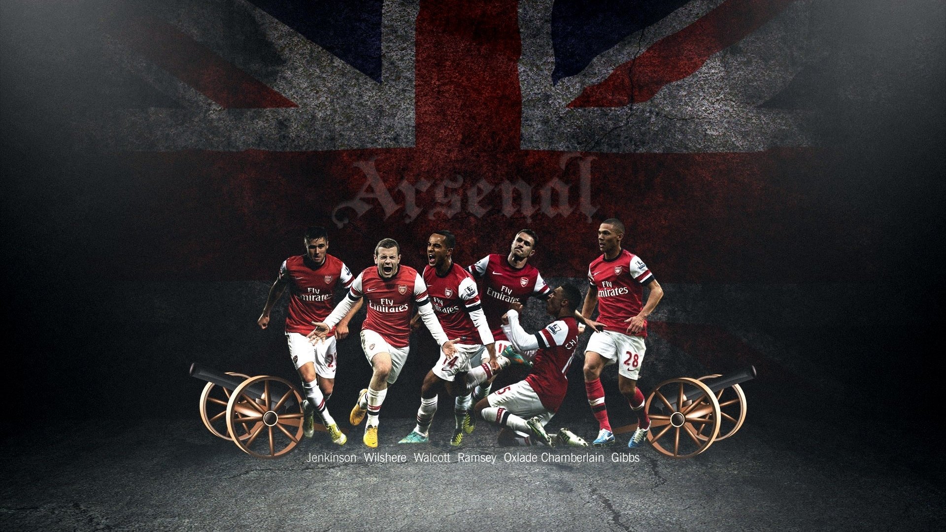 arsenal football club gunners jugadores ingleses jenkinson jack wilshire theo walcott ramsey alex oxlade-chamberlain kieran gibbs flag guns.fondo