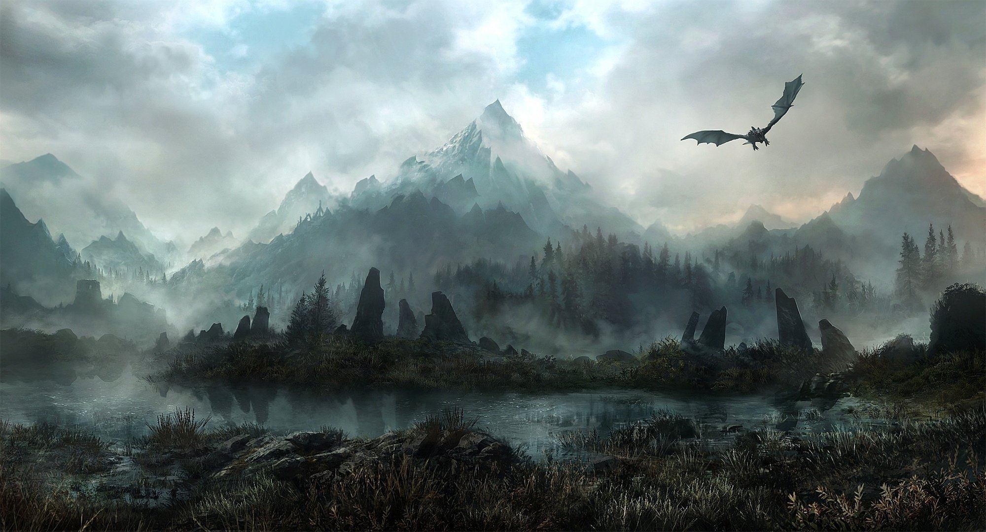 tierra de skyrim arte montañas jonasdero bosque piedras dragón niebla