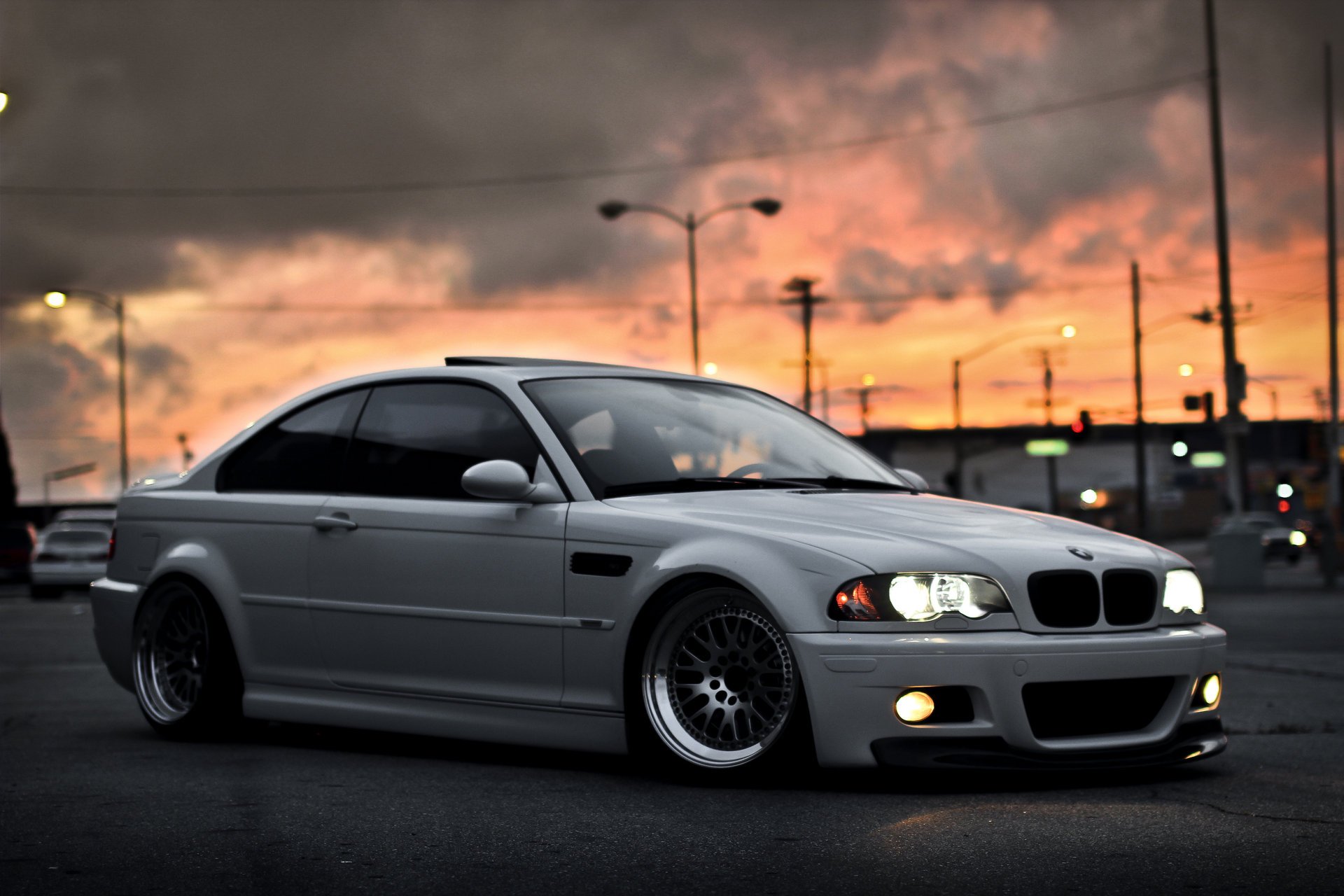 bmw weiß e46 bmw sonnenuntergang white m3 stadt himmel