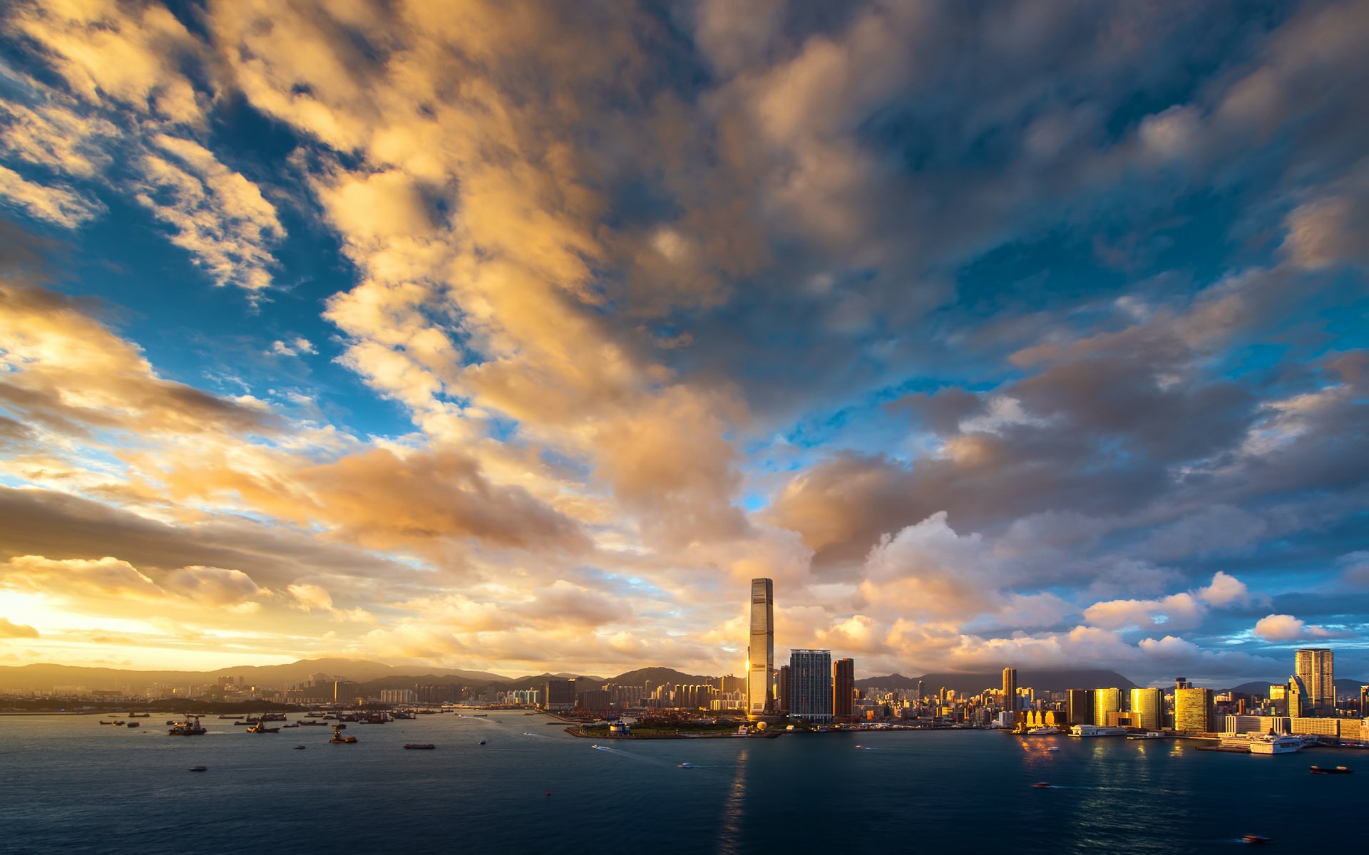 hongkong niebo zachód słońca chmury budynki drapacze chmur wieczór