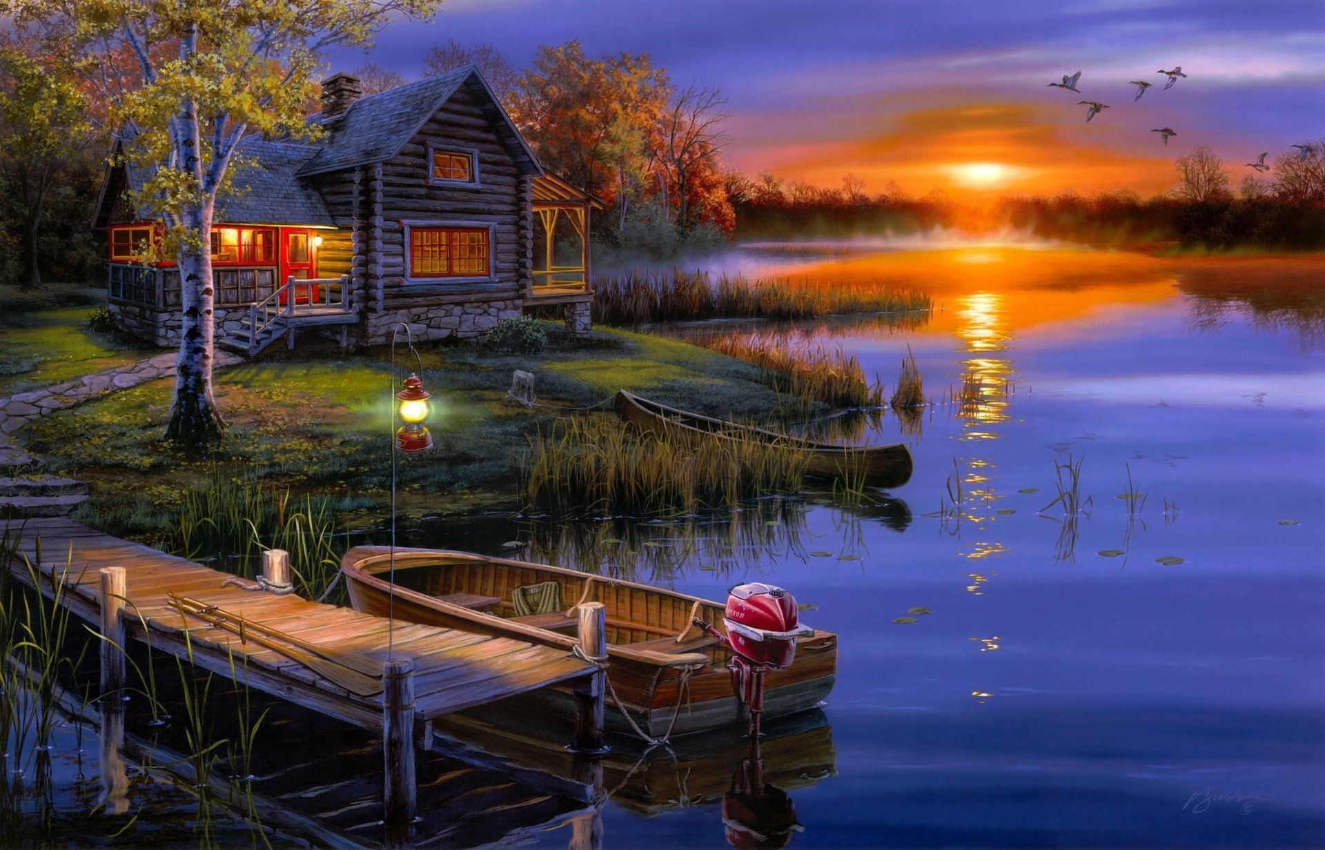 cabane coucher de soleil darrell bush bateau paysage automne lac canards