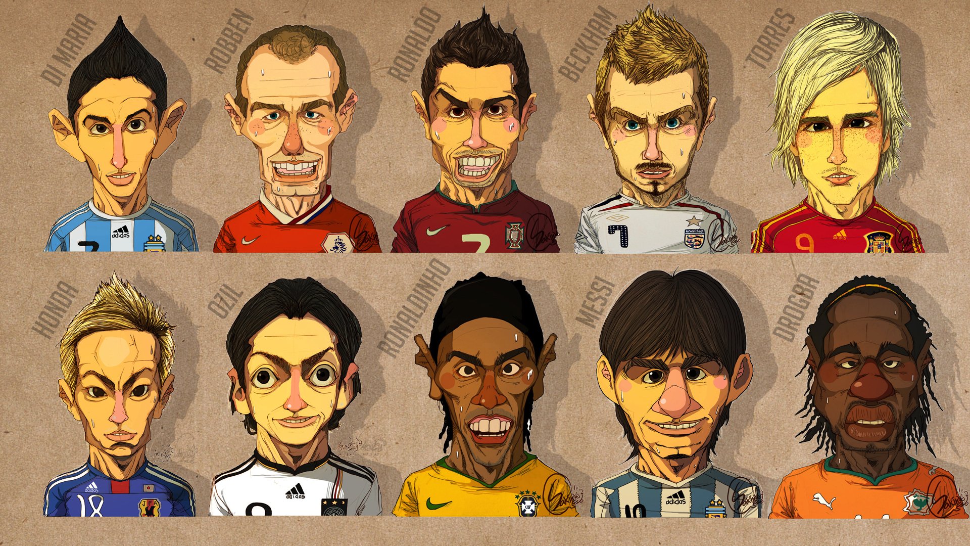 caricature di maria robben ronaldo bekham torres honda ozil ronaldinho messi drogba volti