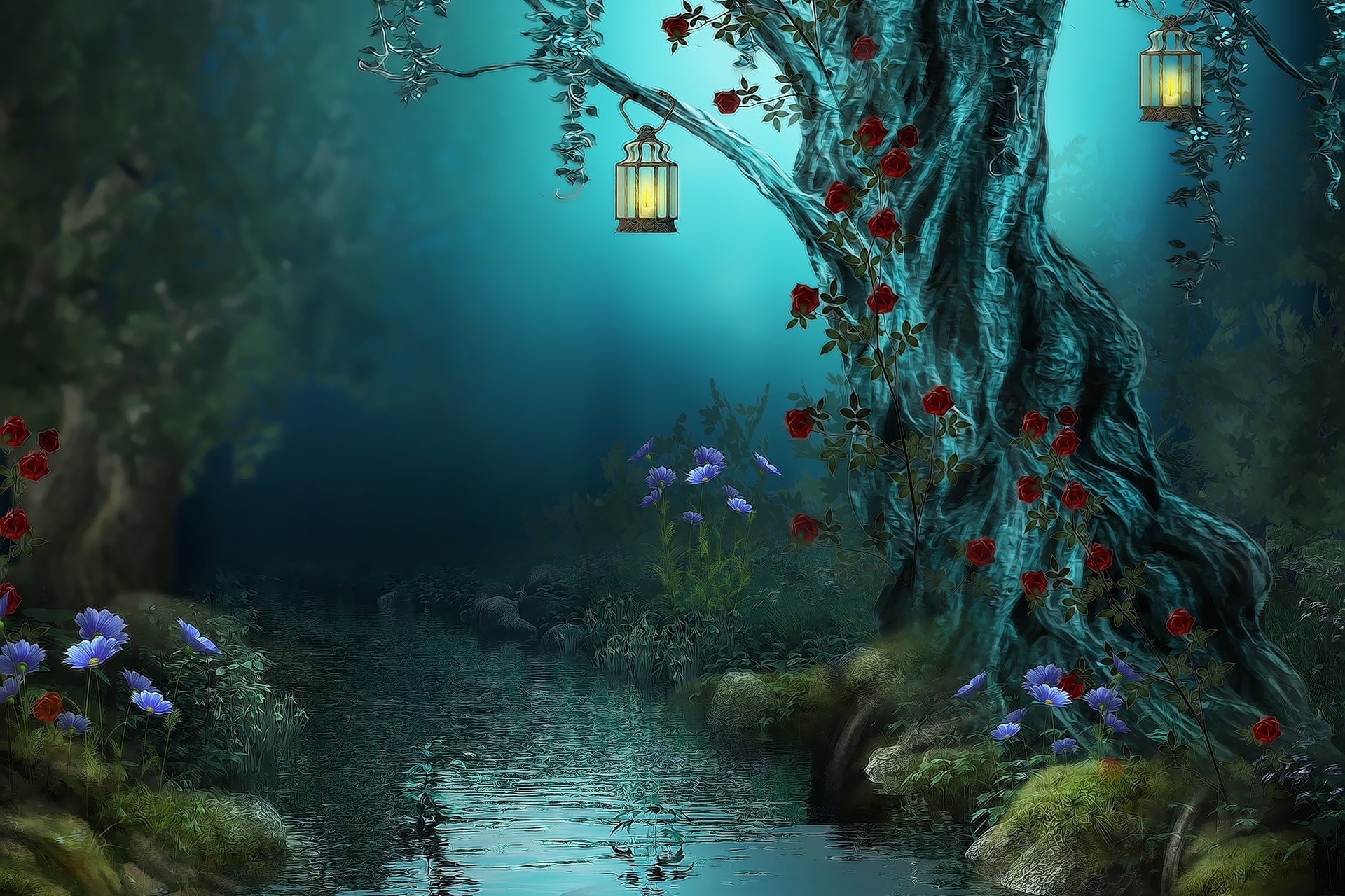 fantasy red roses lamps цветы roses night лес forest nature river flower