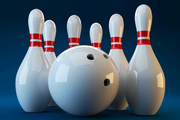 Rendu sur un fond bleu de quilles blanches et une boule de bowling