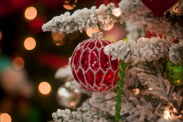 Red Christmas tree decoration on a snow-covered branch