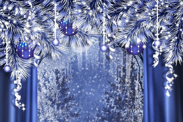 Christmas decorations on blue curtains