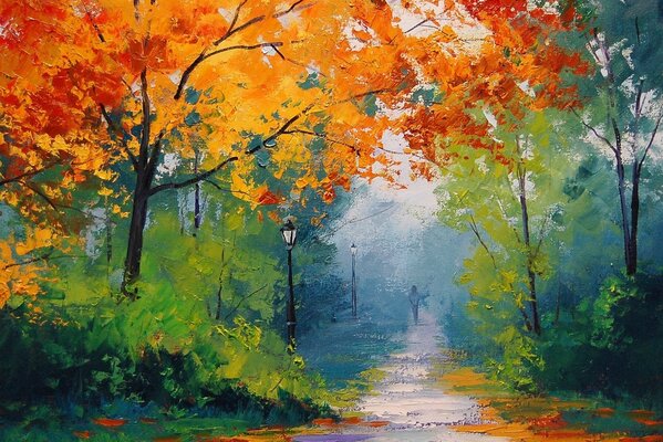 Oil painting a autumn alley