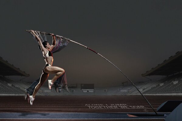 A female athlete with a pole starts jumping